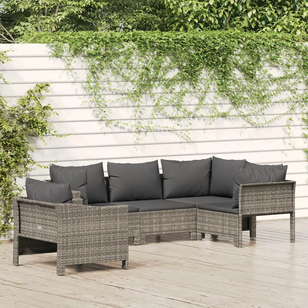 vidaXL 5 Piece Patio Lounge Set with Cushions Gray Poly Rattan - Outdoor Furniture Set