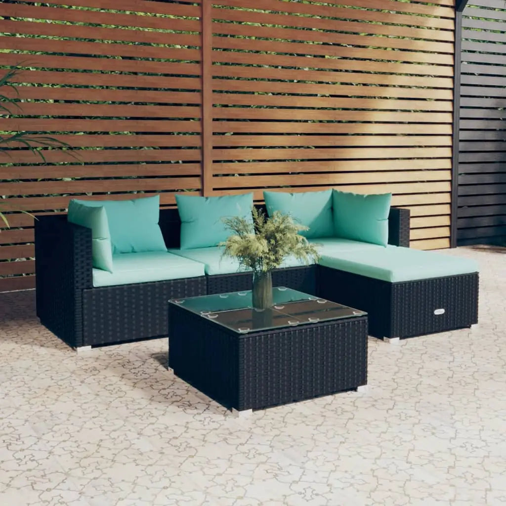 vidaXL 5 Piece Patio Lounge Set with Cushions Poly Rattan Black - Outdoor Furniture Set