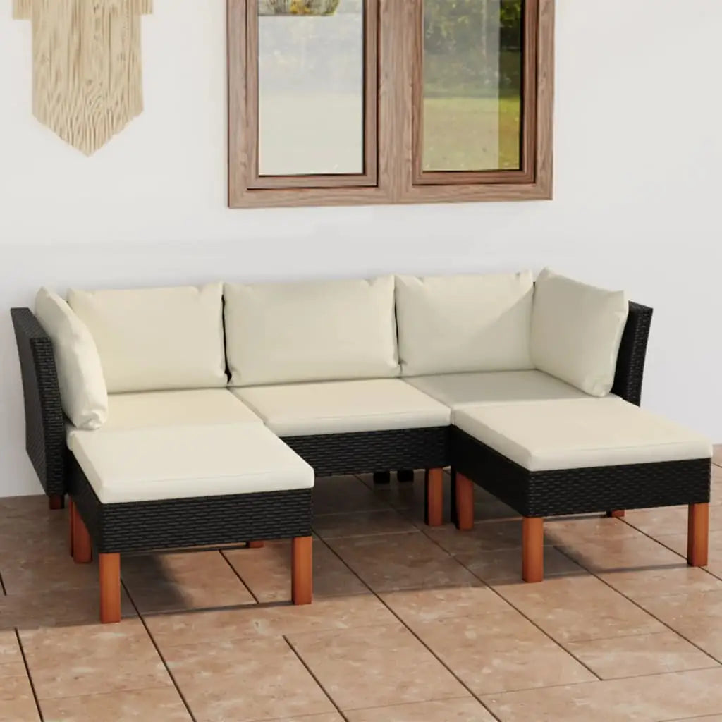 vidaXL 5 Piece Patio Lounge Set with Cushions Poly Rattan Black - Lounge Set