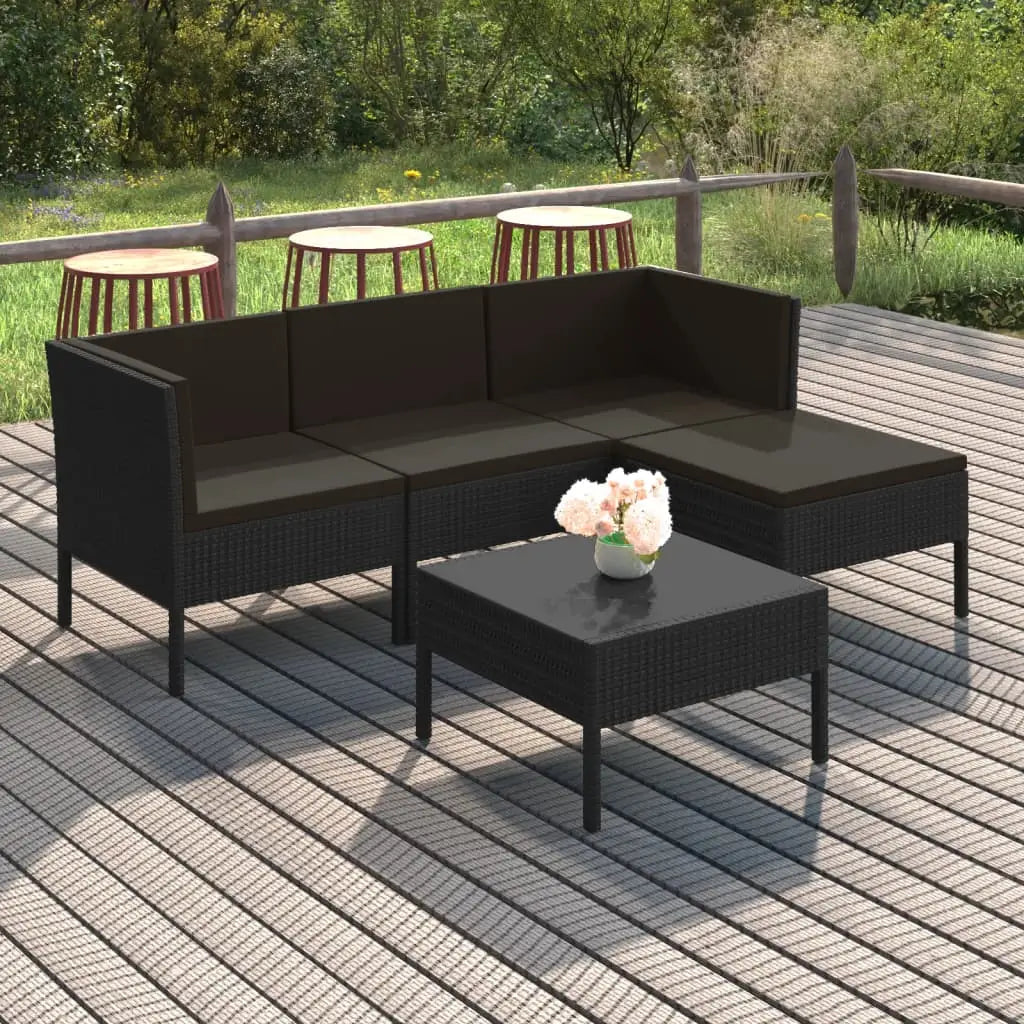 vidaXL 5 Piece Patio Lounge Set with Cushions Poly Rattan Black - Lounge Set