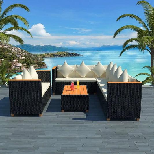 vidaXL 5 Piece Patio Lounge Set with Cushions Poly Rattan Black - Outdoor Furniture Set