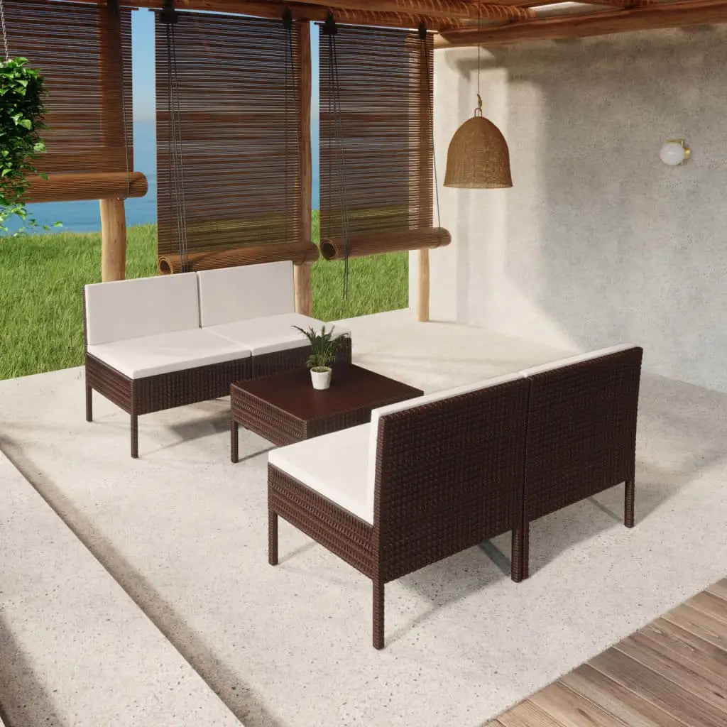 vidaXL 5 Piece Patio Lounge Set with Cushions Poly Rattan Brown - Outdoor Furniture Set