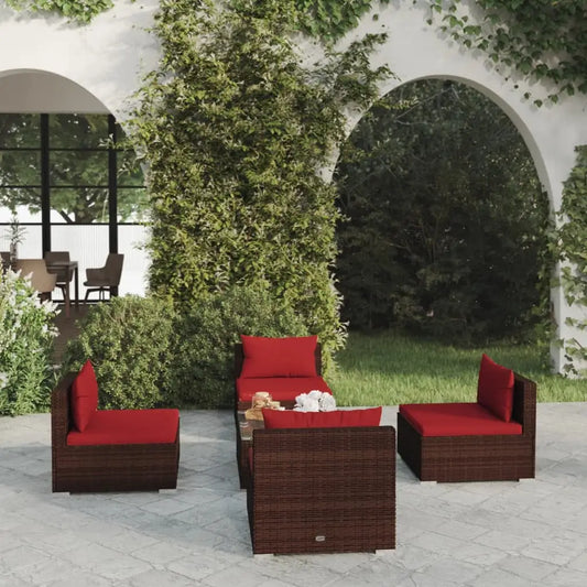 vidaXL 5 Piece Patio Lounge Set with Cushions Poly Rattan Brown - Outdoor Furniture Set