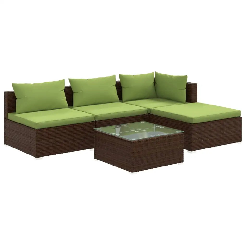 vidaXL 5 Piece Patio Lounge Set with Cushions Poly Rattan Brown - Outdoor Furniture Set
