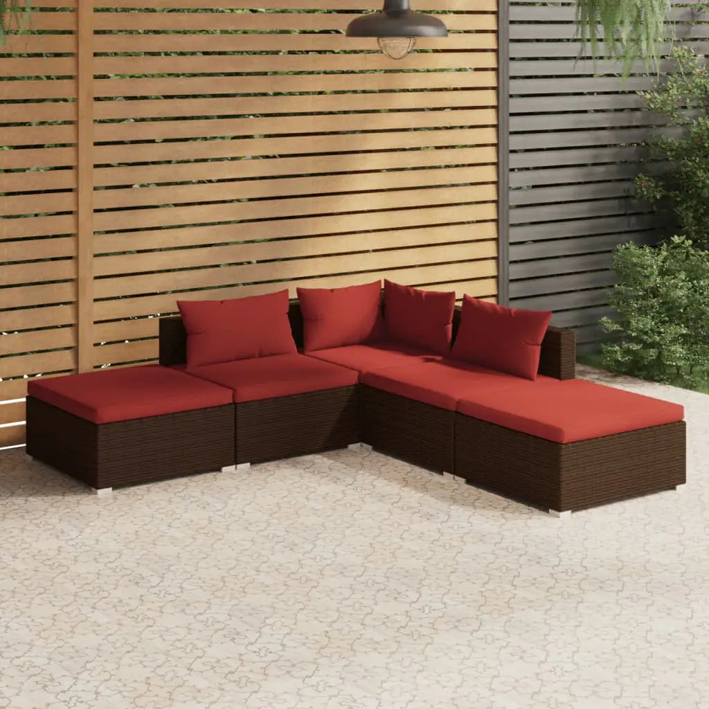 vidaXL 5 Piece Patio Lounge Set with Cushions Poly Rattan Brown - Furniture > Outdoor Furniture > Outdoor Furniture Sets