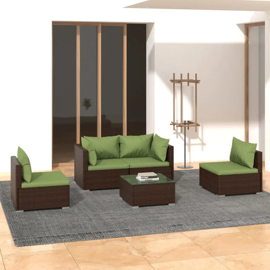 vidaXL 5 Piece Patio Lounge Set with Cushions Poly Rattan Brown - Patio Lounge Set