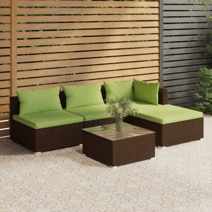 vidaXL 5 Piece Patio Lounge Set with Cushions Poly Rattan Brown - Outdoor Furniture Set