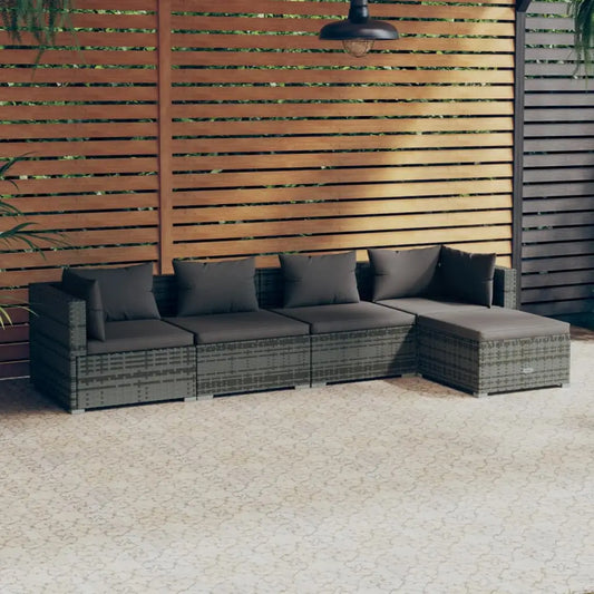 vidaXL 5 Piece Patio Lounge Set with Cushions Poly Rattan Gray - Patio Furniture Set