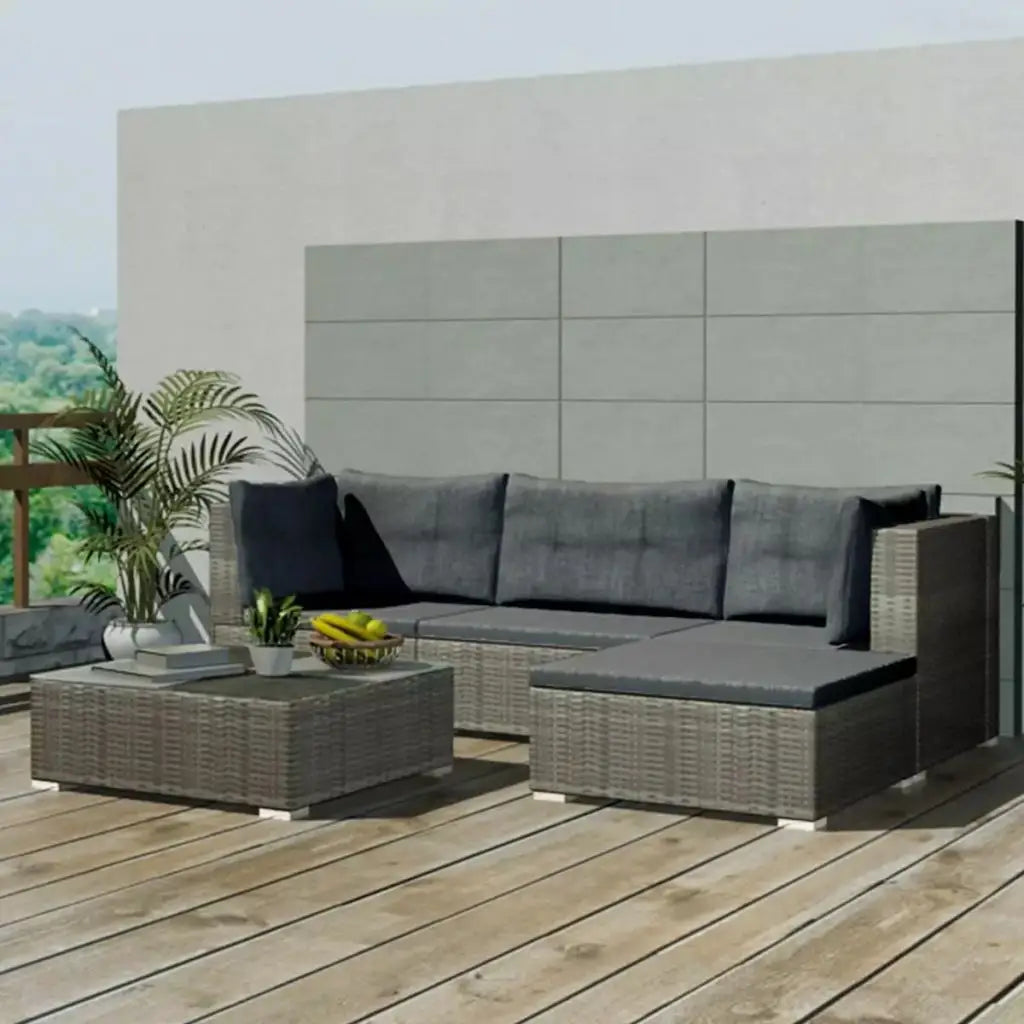 vidaXL 5 Piece Patio Lounge Set with Cushions Poly Rattan Gray - Lounge Set