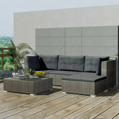 vidaXL 5 Piece Patio Lounge Set with Cushions Poly Rattan Gray - Lounge Set