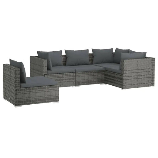 vidaXL 5 Piece Patio Lounge Set with Cushions Poly Rattan Gray - Outdoor Lounge Set