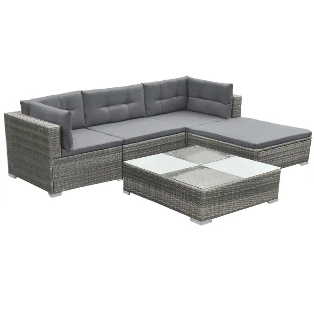 vidaXL 5 Piece Patio Lounge Set with Cushions Poly Rattan Gray - Lounge Set