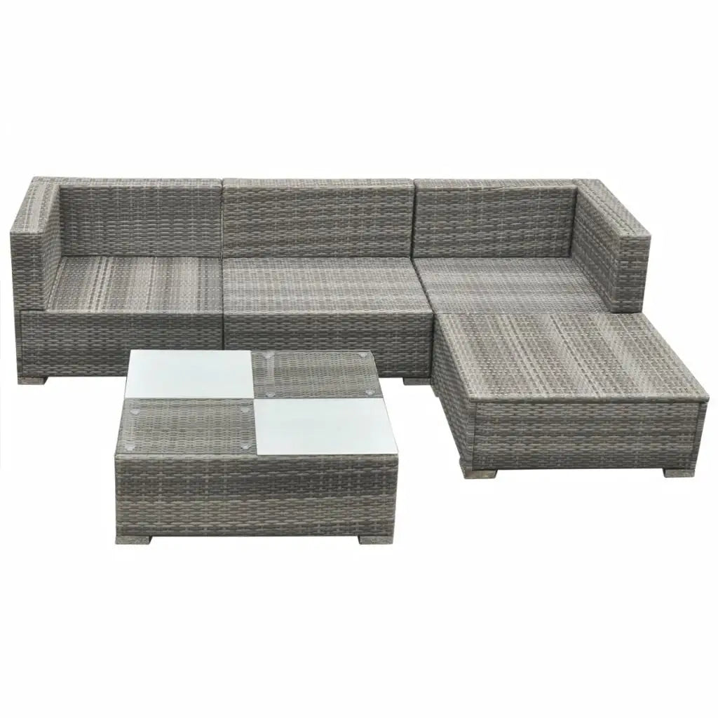 vidaXL 5 Piece Patio Lounge Set with Cushions Poly Rattan Gray - Lounge Set