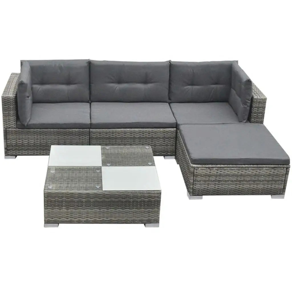 vidaXL 5 Piece Patio Lounge Set with Cushions Poly Rattan Gray - Lounge Set