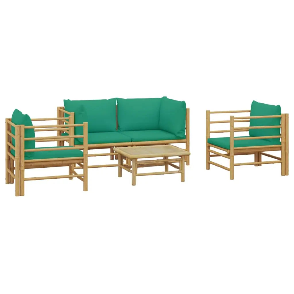 vidaXL 5 Piece Patio Lounge Set with Green Cushions Bamboo - Patio Lounge Set