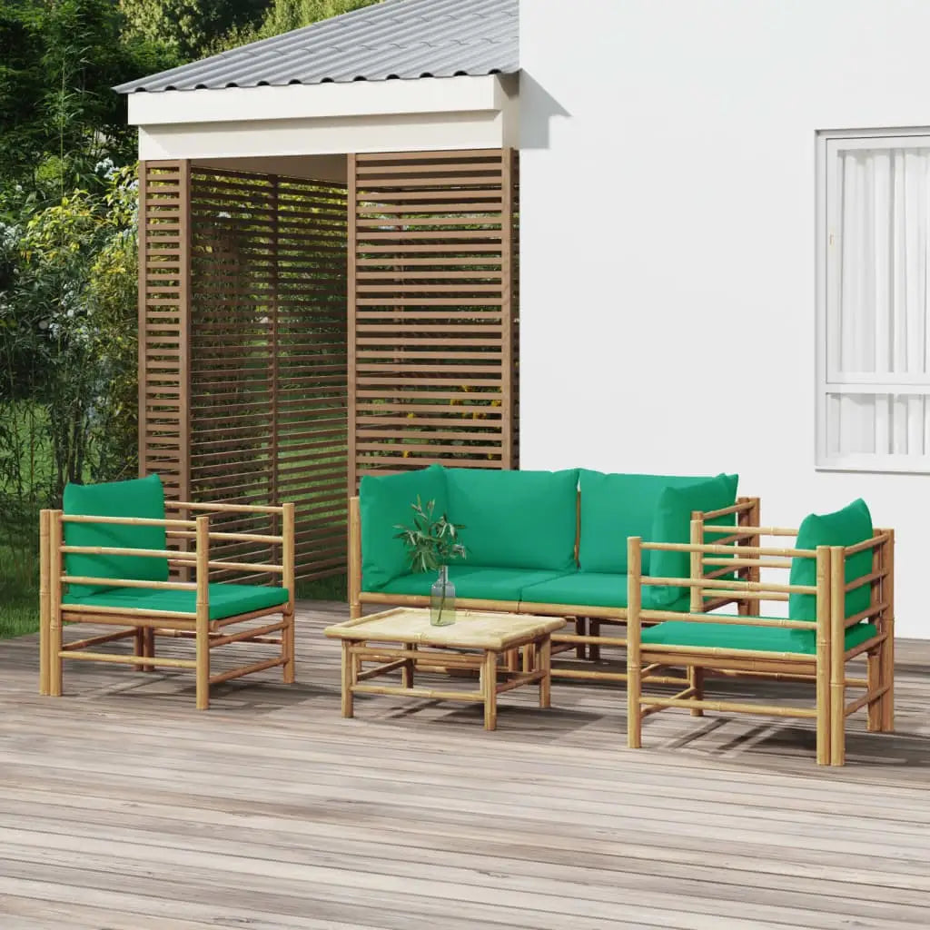 vidaXL 5 Piece Patio Lounge Set with Green Cushions Bamboo - Patio Lounge Set