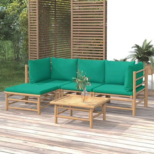 vidaXL 5 Piece Patio Lounge Set with Green Cushions Bamboo - Furniture > Outdoor Furniture > Outdoor Furniture Sets