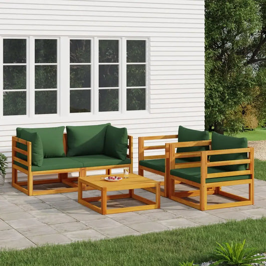 vidaXL 5 Piece Patio Lounge Set with Green Cushions Solid Wood - Outdoor Furniture Set
