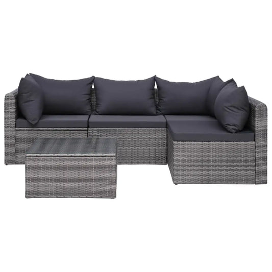 vidaXL 5 Piece Patio Sofa Set with Cushions & Pillows Poly Rattan Gray - 2x corner + 2x middle + table - Patio Sofa Set