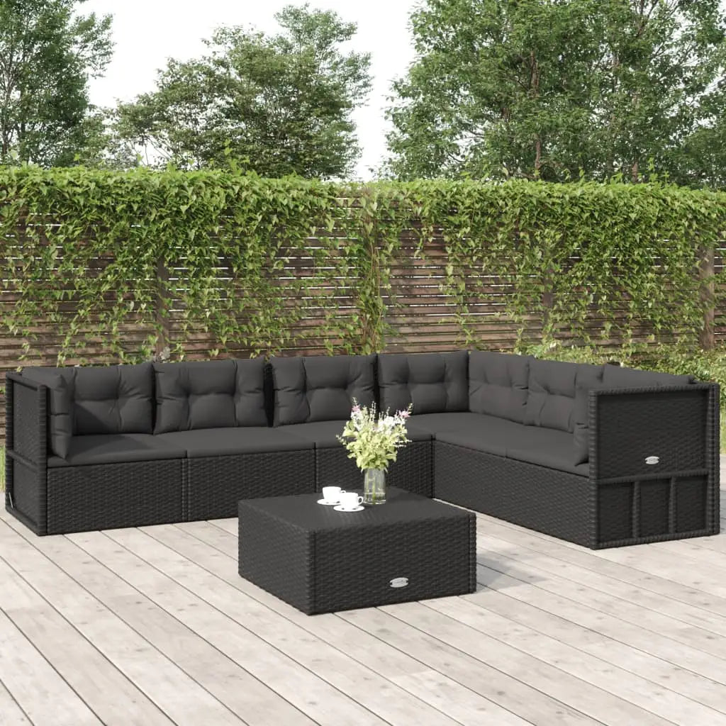 vidaXL 6 Piece Patio Lounge Set with Cushions Black Poly Rattan - Outdoor Furniture Set