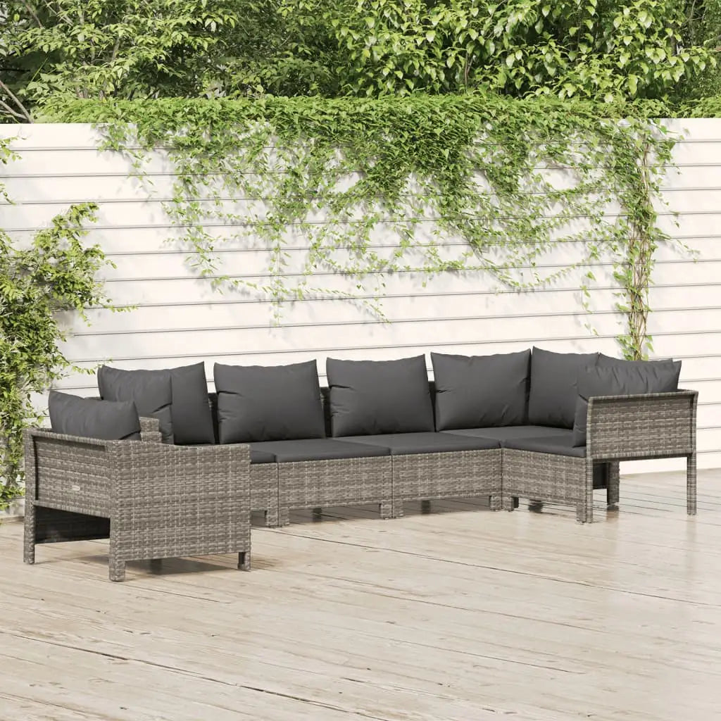 vidaXL 6 Piece Patio Lounge Set with Cushions Gray Poly Rattan - Outdoor Furniture Set