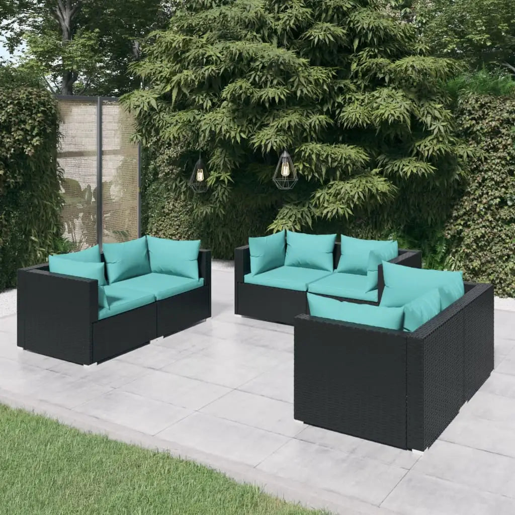 vidaXL 6 Piece Patio Lounge Set with Cushions Poly Rattan Black - Patio Lounge Set