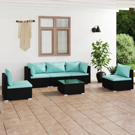 vidaXL 6 Piece Patio Lounge Set with Cushions Poly Rattan Black - Patio Lounge Set