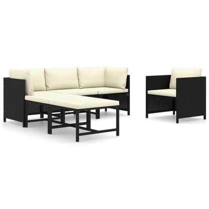 vidaXL 6 Piece Patio Lounge Set with Cushions Poly Rattan Black - Furniture > Outdoor Furniture > Outdoor Furniture Sets