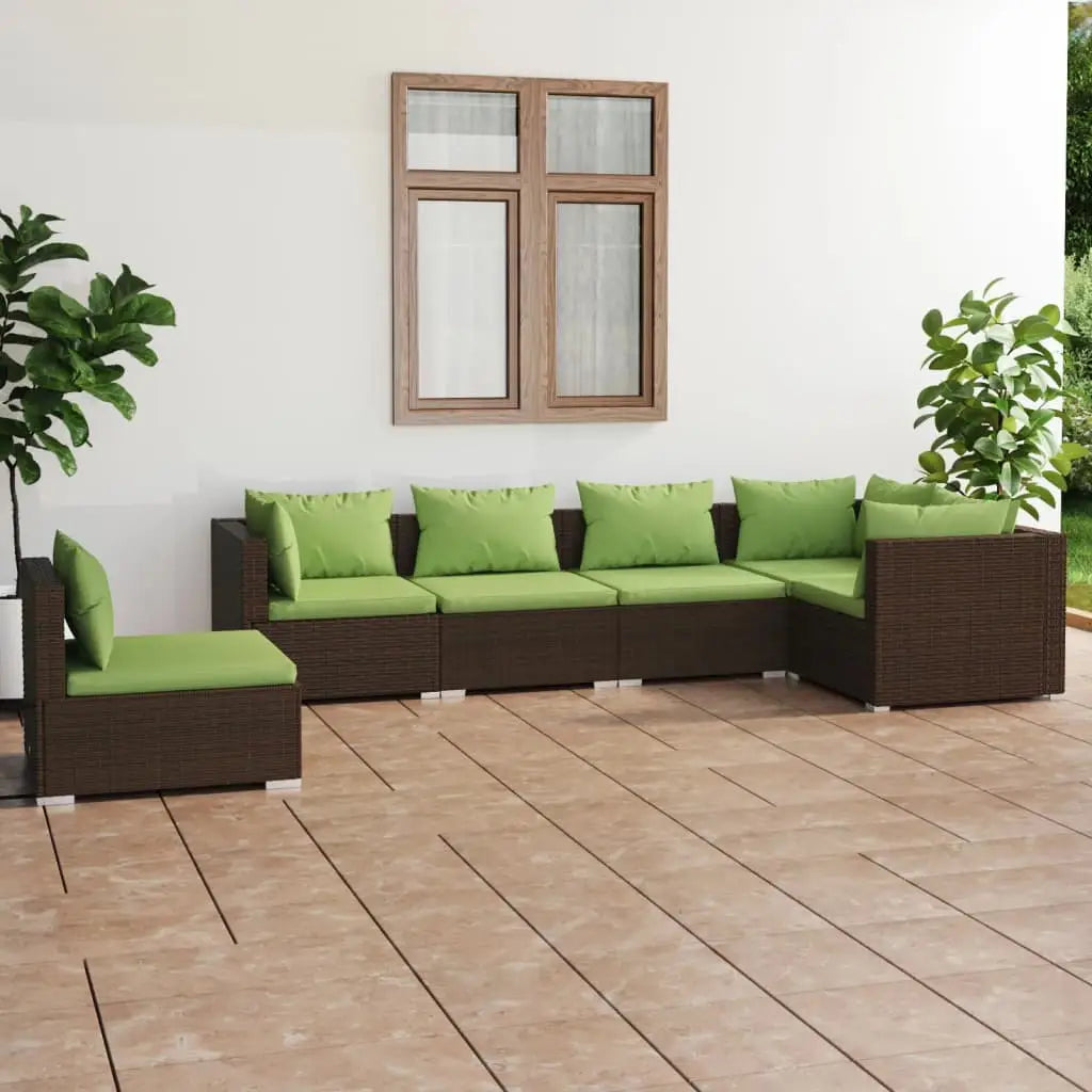vidaXL 6 Piece Patio Lounge Set with Cushions Poly Rattan Brown - Lounge Set
