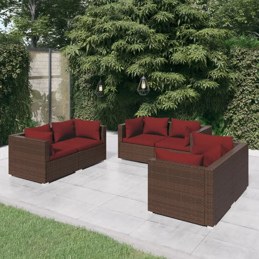 vidaXL 6 Piece Patio Lounge Set with Cushions Poly Rattan Brown - Furniture > Outdoor Furniture > Outdoor Furniture Sets