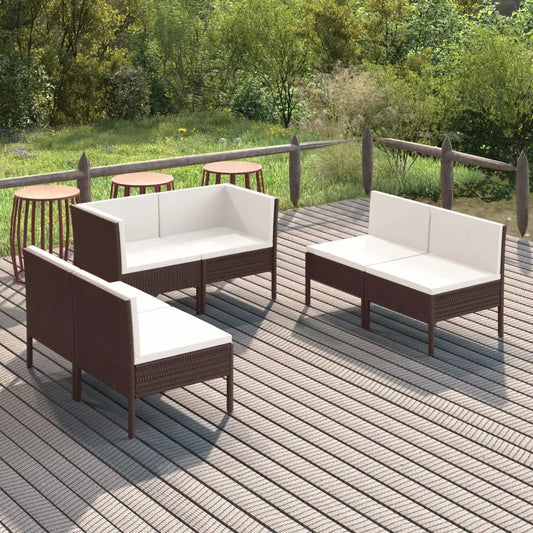 vidaXL 6 Piece Patio Lounge Set with Cushions Poly Rattan Brown - Patio Lounge Set