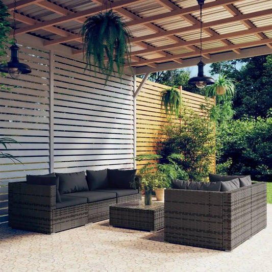 vidaXL 6 Piece Patio Lounge Set with Cushions Poly Rattan Gray - Patio Set