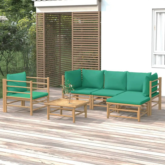 vidaXL 6 Piece Patio Lounge Set with Green Cushions Bamboo - Lounge Set