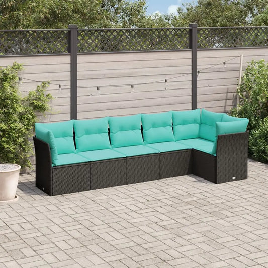 vidaXL 6 Piece Patio Sofa Set with Cushions Black Poly Rattan - Patio Sofa Set