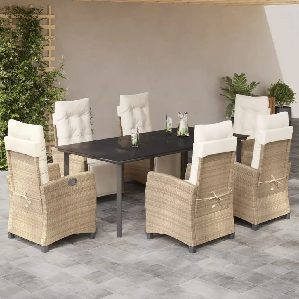 vidaXL 7 Piece Patio Dining Set with Cushions Beige Poly Rattan - Dining Set