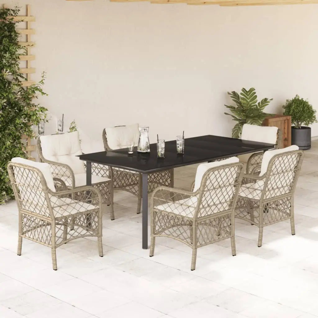 vidaXL 7 Piece Patio Dining Set with Cushions Beige Poly Rattan - Dining Set