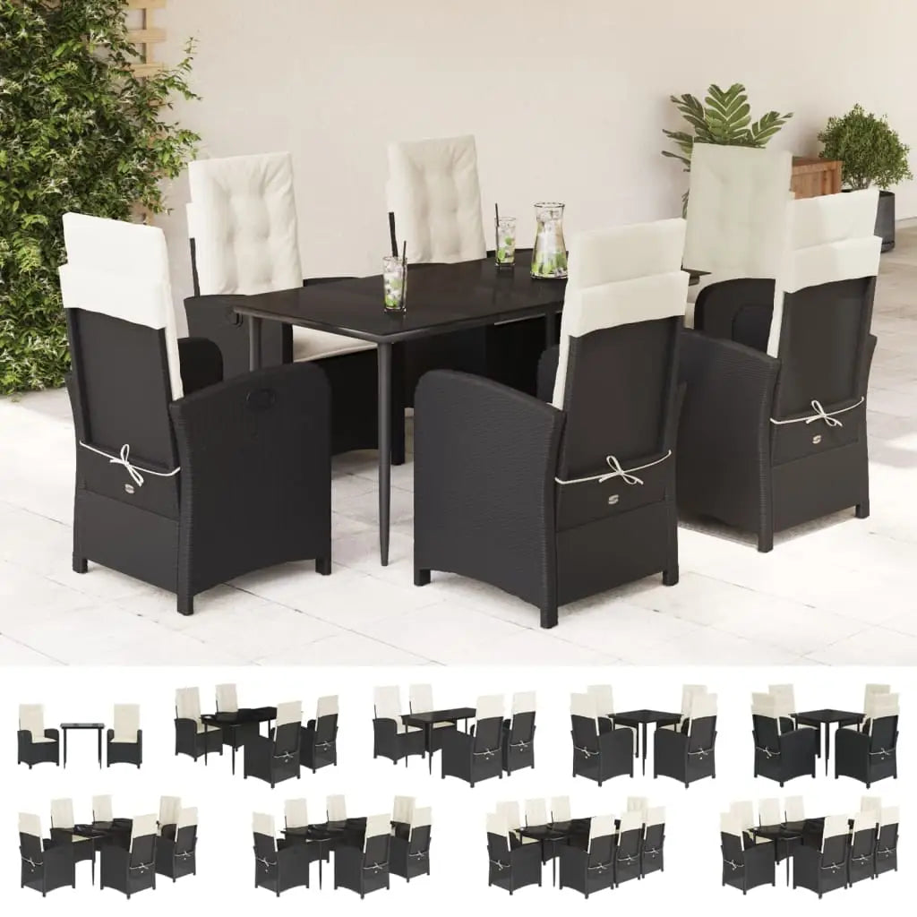 vidaXL 7 Piece Patio Dining Set with Cushions Black Poly Rattan - Dining Set