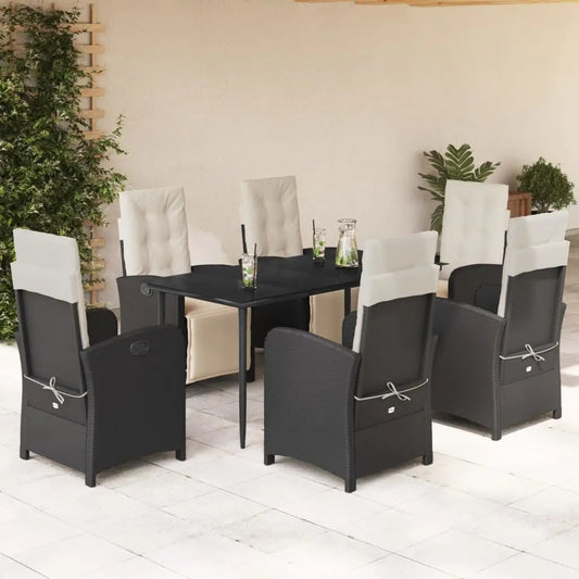 vidaXL 7 Piece Patio Dining Set with Cushions Black Poly Rattan - Outdoor Furniture Set