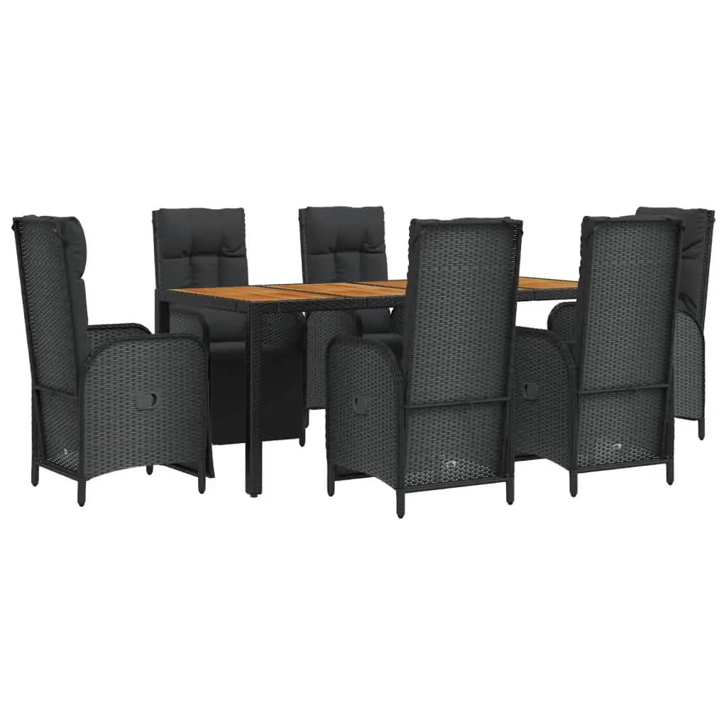 vidaXL 7 Piece Patio Dining Set with Cushions Black Poly Rattan - Furniture > Outdoor Furniture > Outdoor Furniture Sets