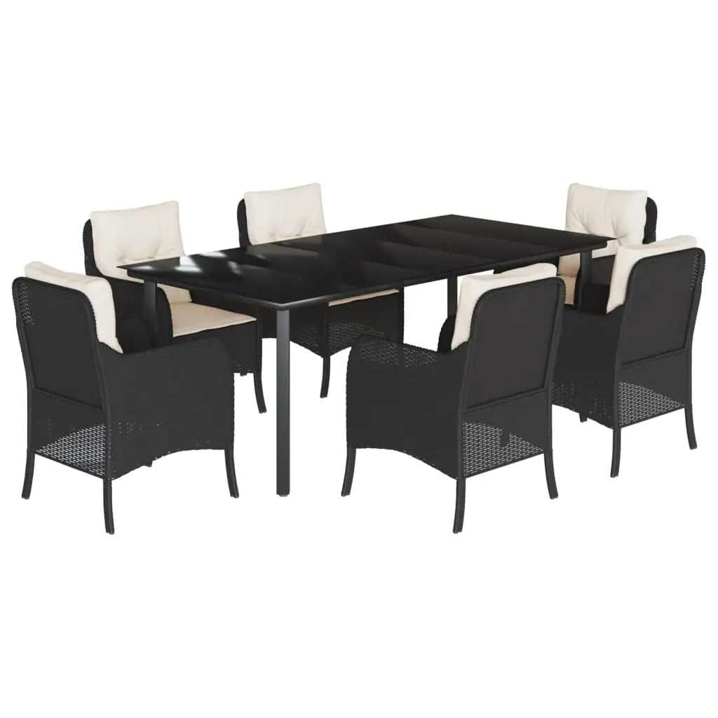 vidaXL 7 Piece Patio Dining Set with Cushions Black Poly Rattan - Dining Set