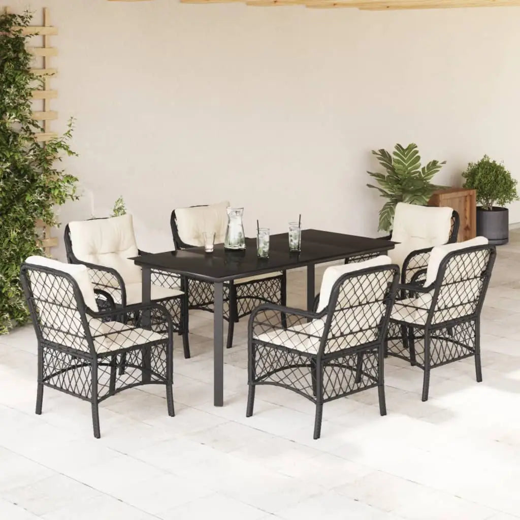 vidaXL 7 Piece Patio Dining Set with Cushions Black Poly Rattan - Dining Set