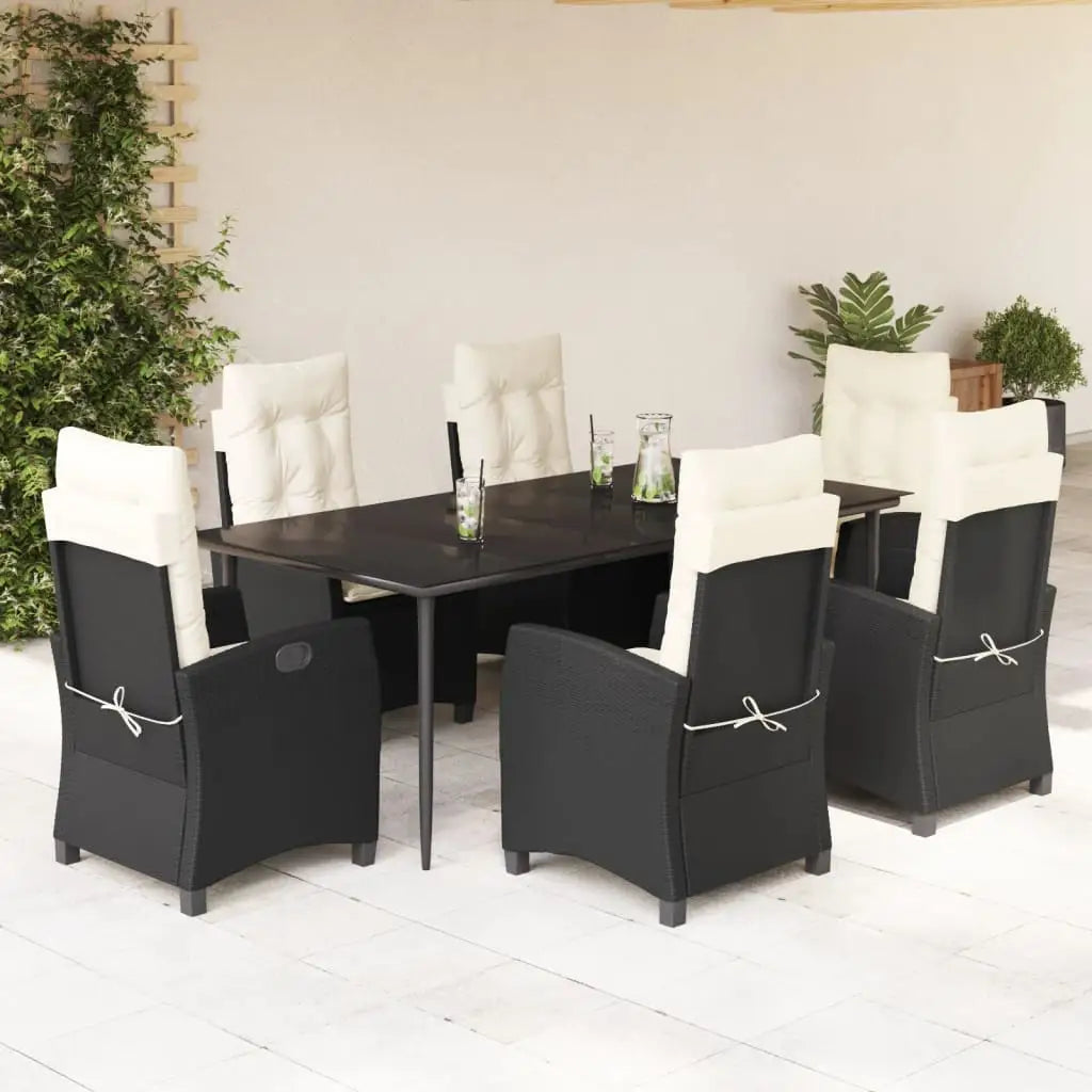 vidaXL 7 Piece Patio Dining Set with Cushions Black Poly Rattan - Dining Set