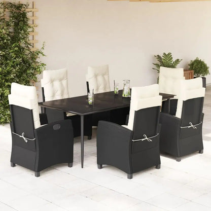 vidaXL 7 Piece Patio Dining Set with Cushions Black Poly Rattan - Dining Set