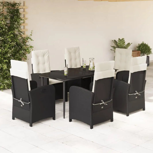 vidaXL 7 Piece Patio Dining Set with Cushions Black Poly Rattan - Dining Set