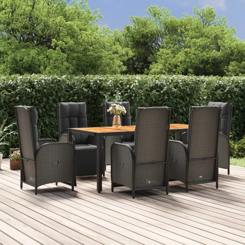 vidaXL 7 Piece Patio Dining Set with Cushions Black Poly Rattan - Furniture > Outdoor Furniture > Outdoor Furniture Sets