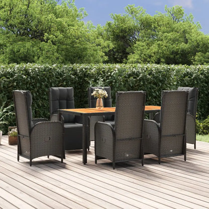 vidaXL 7 Piece Patio Dining Set with Cushions Black Poly Rattan - Furniture > Outdoor Furniture > Outdoor Furniture Sets