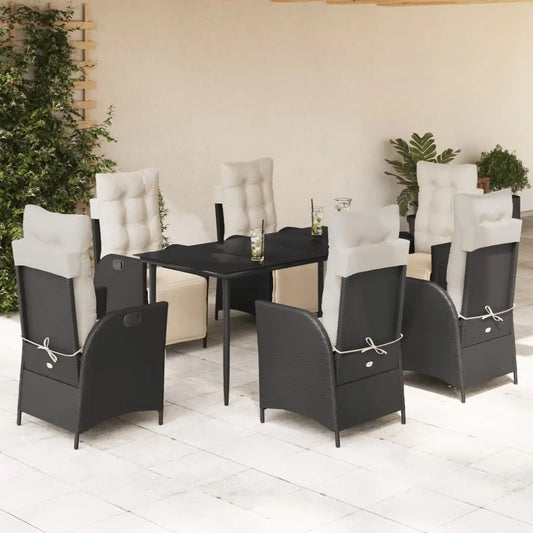 vidaXL 7 Piece Patio Dining Set with Cushions Black Poly Rattan - Dining Set