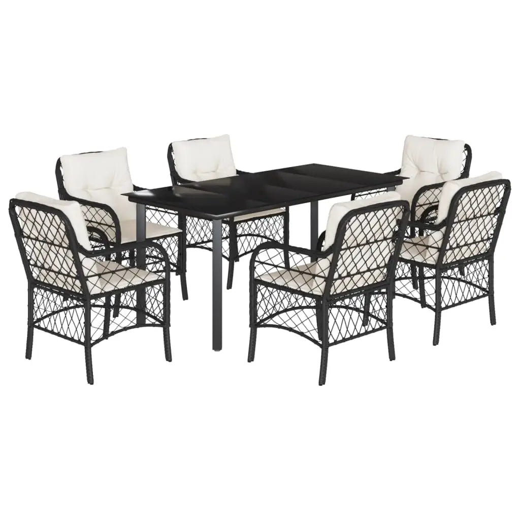 vidaXL 7 Piece Patio Dining Set with Cushions Black Poly Rattan - Dining Set