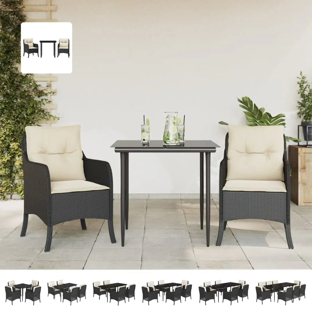 vidaXL 7 Piece Patio Dining Set with Cushions Black Poly Rattan - Dining Set