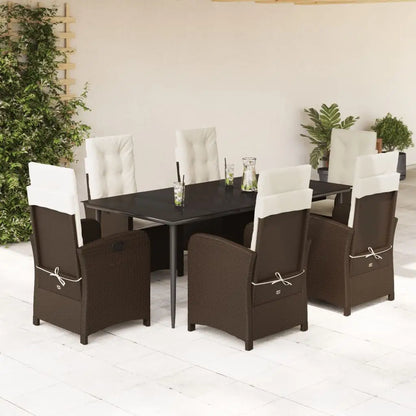 vidaXL 7 Piece Patio Dining Set with Cushions Brown Poly Rattan - Dining Set